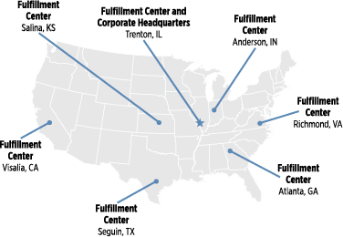 A map of our fulfillment centers across the United States.