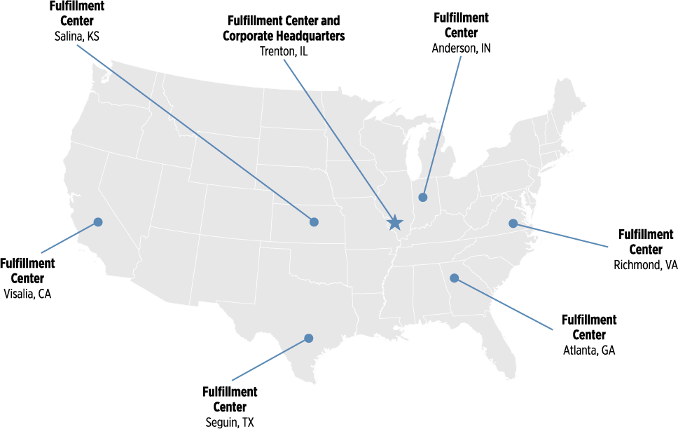 A map of our fulfillment centers across the United States.