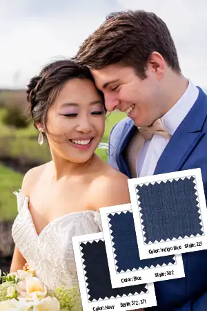 Groom and wife smiling with blue fabric swatches. 