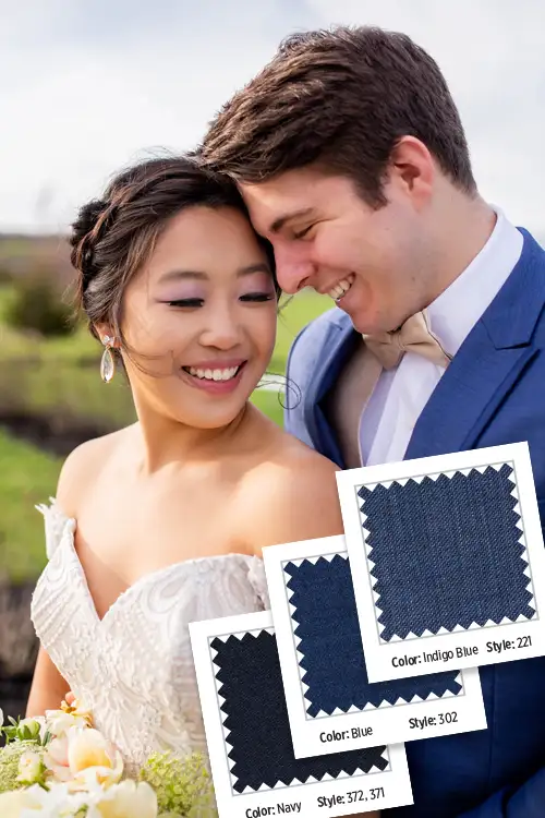 Groom and wife smiling with blue fabric swatches. 